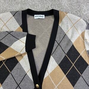ECCoBAY Womens Argyle Cardigan Sweater Gold Buttons Black Tan Grey L Vintage‎